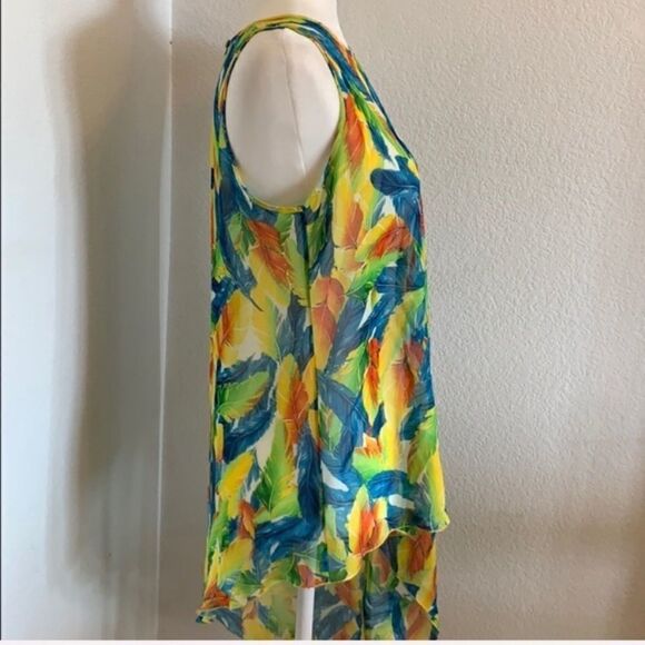 Feather Print Asymmetrical Tank Size L Green Blue Kay Celine Boho Hippie - Picture 4 of 8
